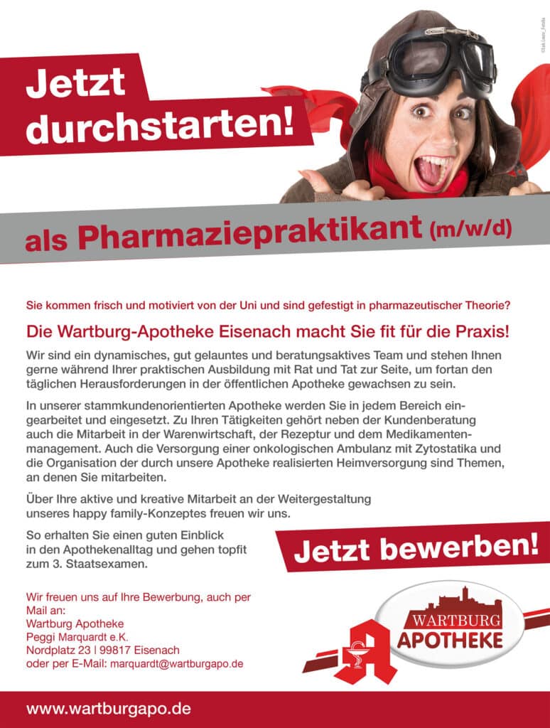 Stellenanzeige für Pharmaziepraktikanten der Wartburg Apotheke Eisenach mit Kontaktdaten. In der Wartburg Apotheke in Eisenach