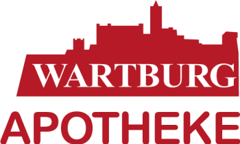 Logo der Wartburg Apotheke in roter Schrift mit einer Silhouette der Wartburg im Hintergrund. In der Wartburg Apotheke in Eisenach